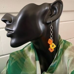 2/$29 Handmade Long Geometric Glass Square Chain Dangle Earrings Orange Yellow